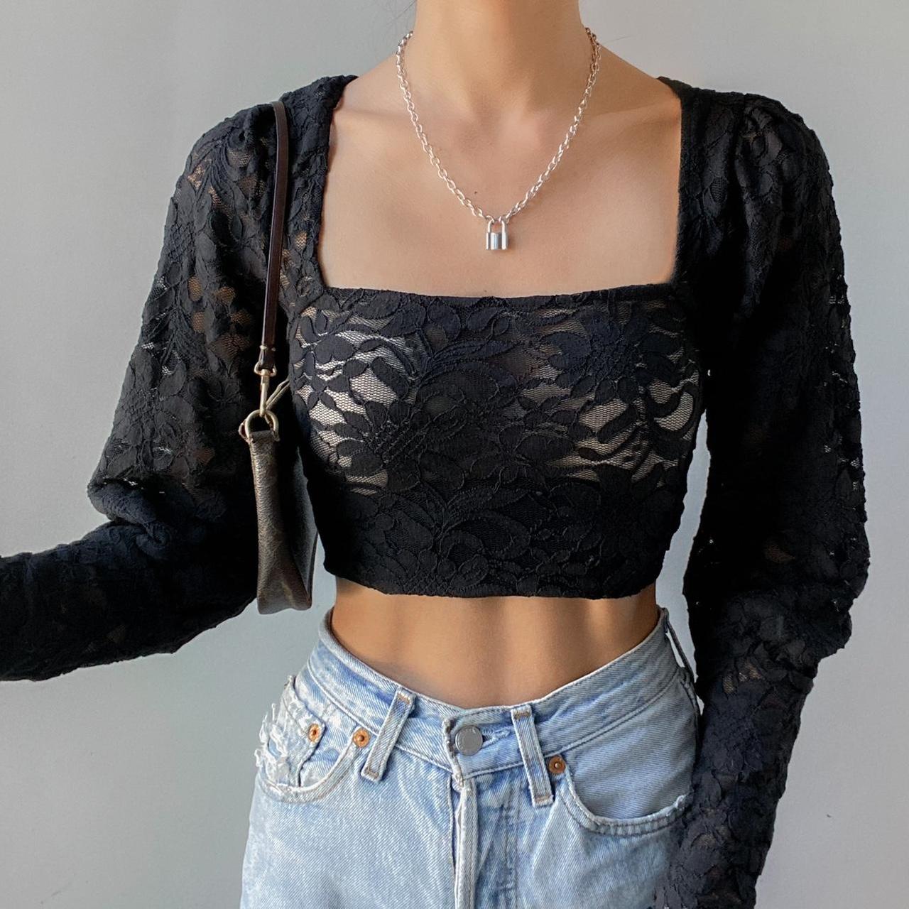 Free People - Black Floral Lace Long Sleeve Crop Top... - Depop