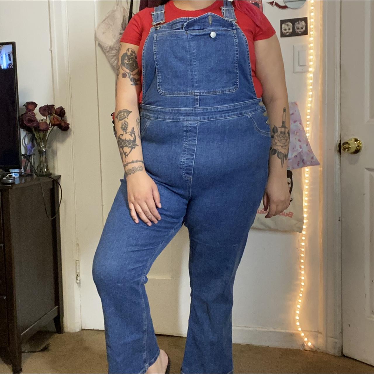 blue denim overalls with kick flare in size 16,... - Depop
