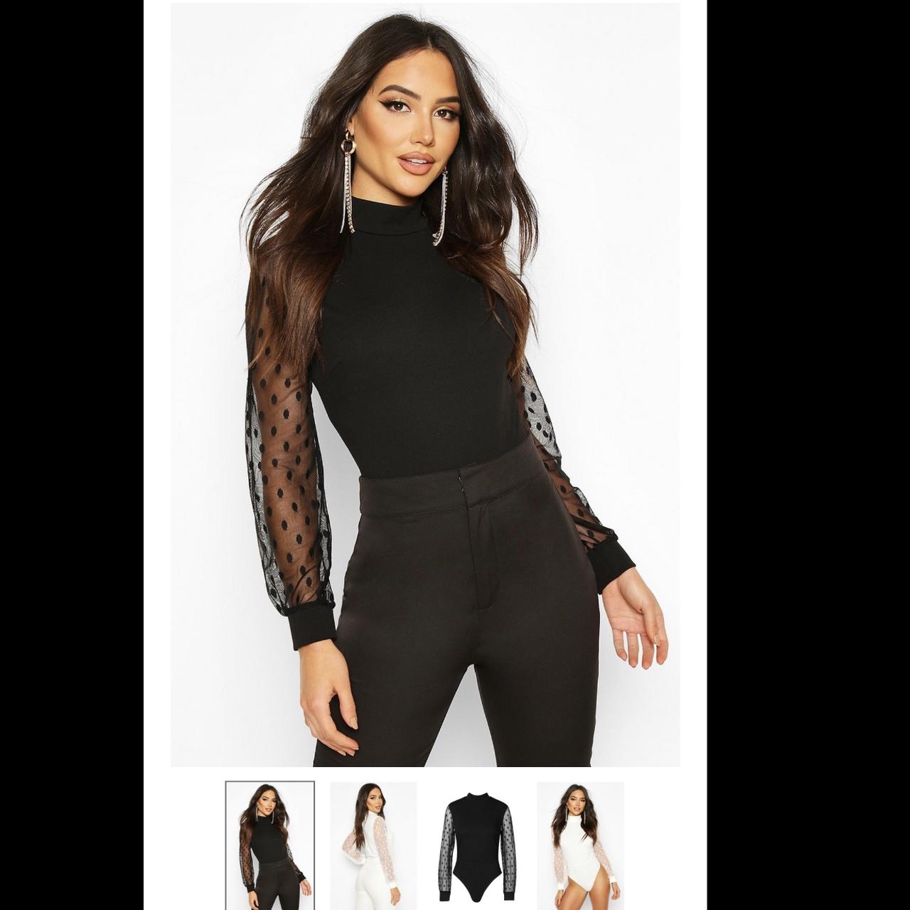 Polka Dot Mesh Sleeve High Neck Bodysuit