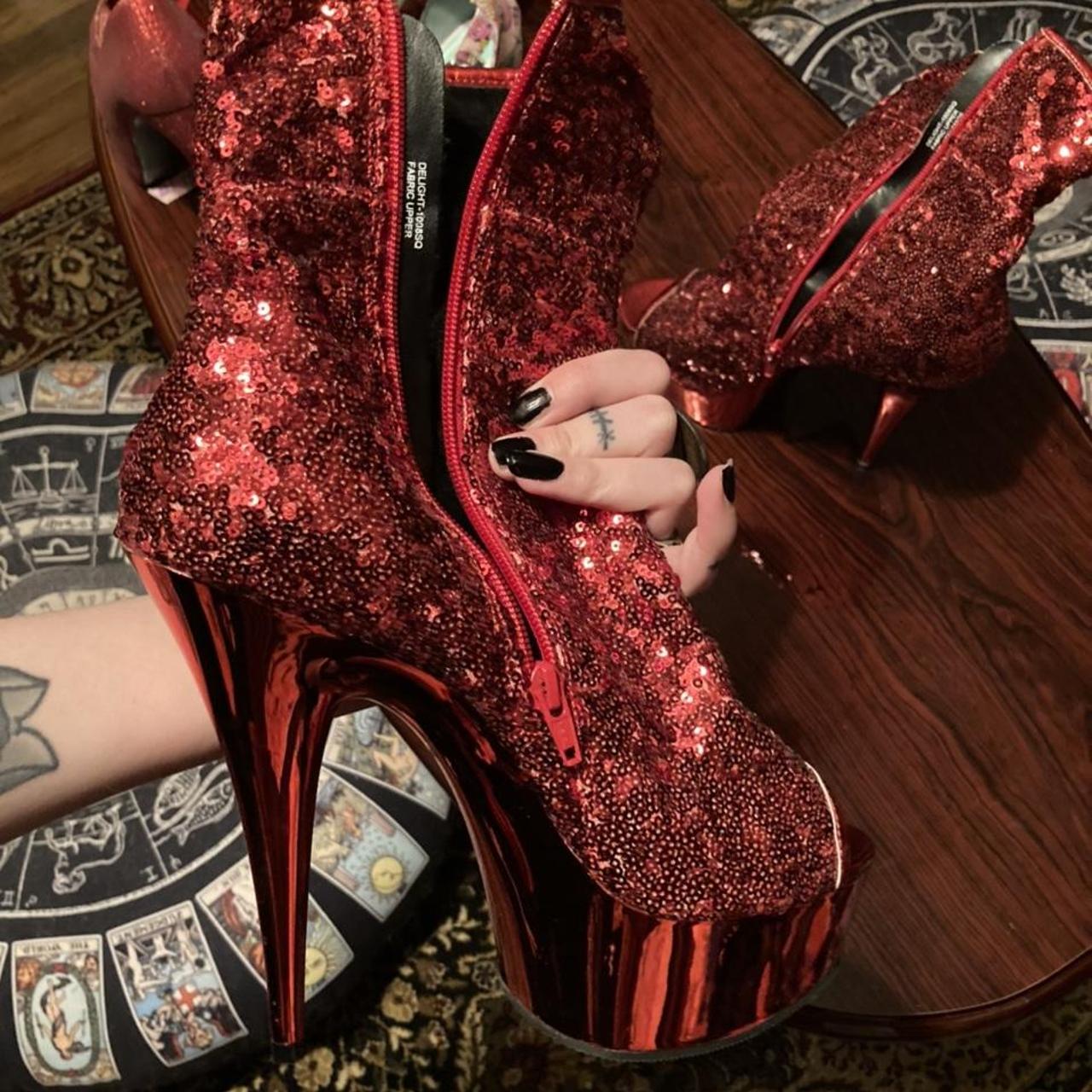 Peep toed red sequin pleaser heels! Depop