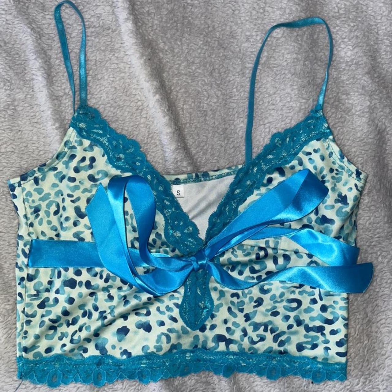 Blue leopard print top with lace accents size small... - Depop