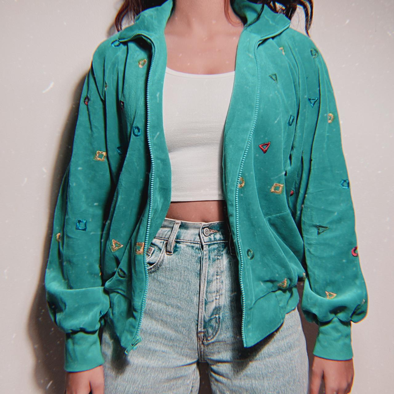 vintage teal velour jacket with embroidered shapes... - Depop