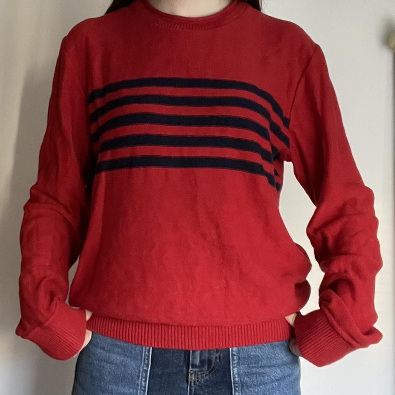 gap knitted red and navy jumper in size small or... - Depop