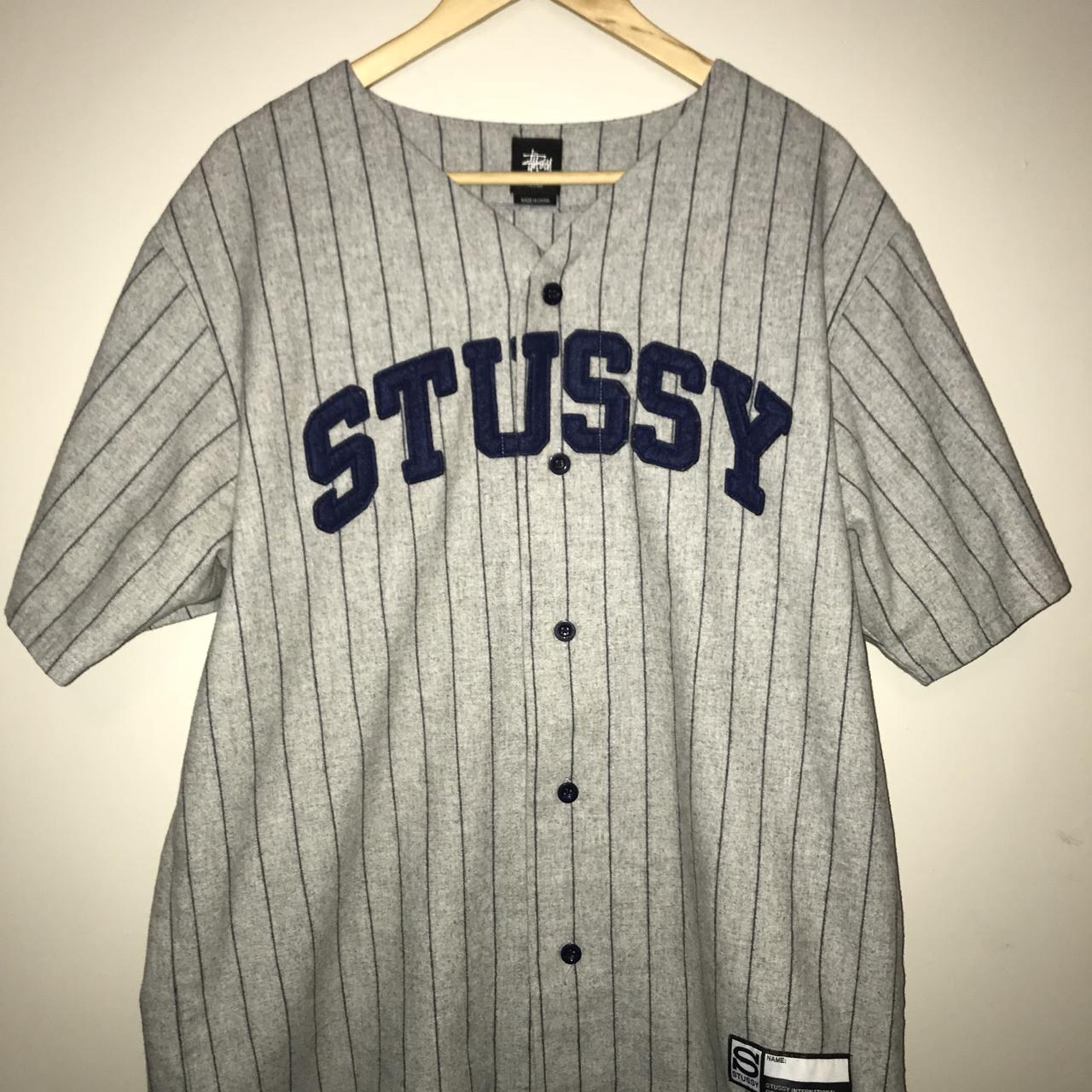 Pinstripe Stussy Baseball Jersey made from wool - Depop