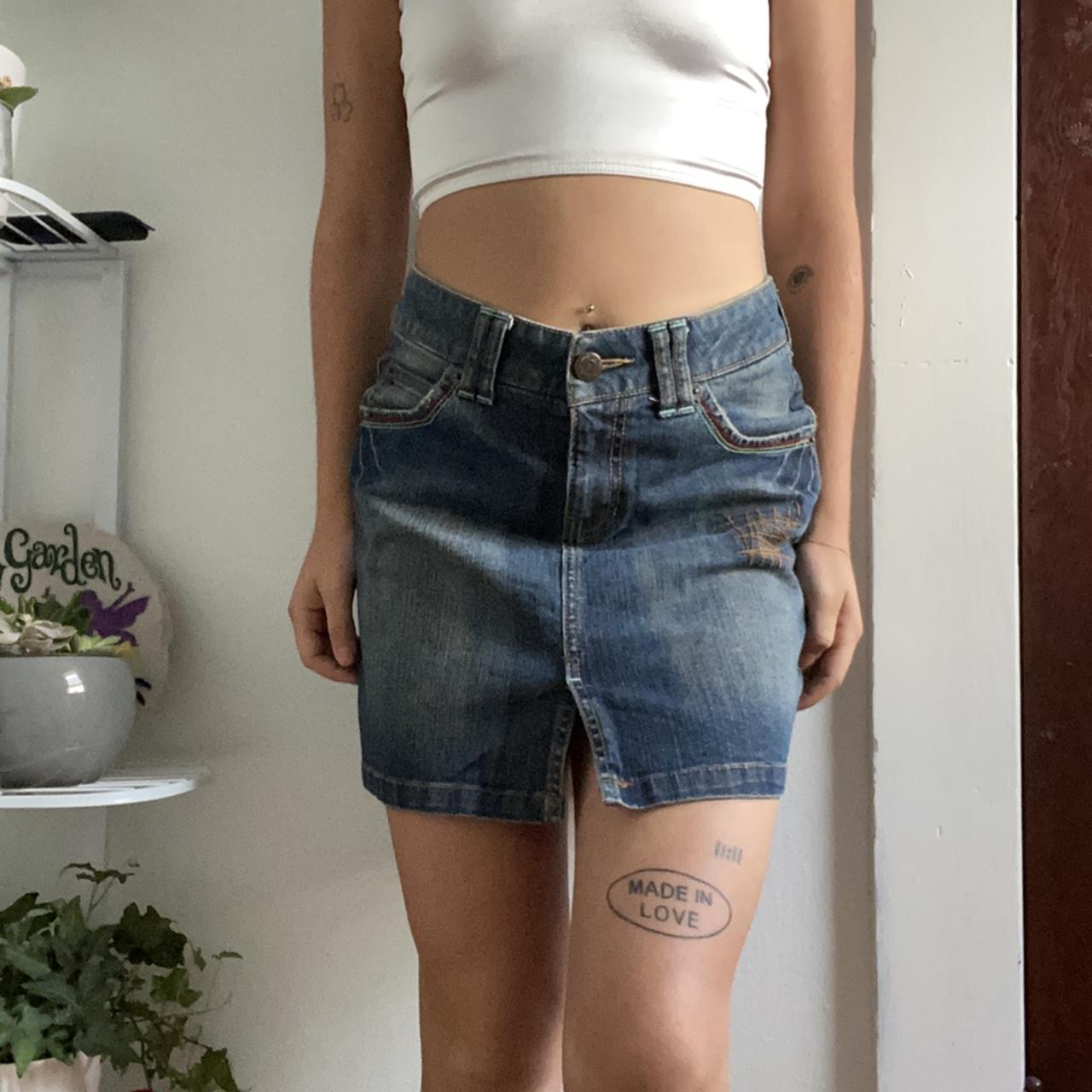 vintage 90s denim skirt with colorful thread... - Depop