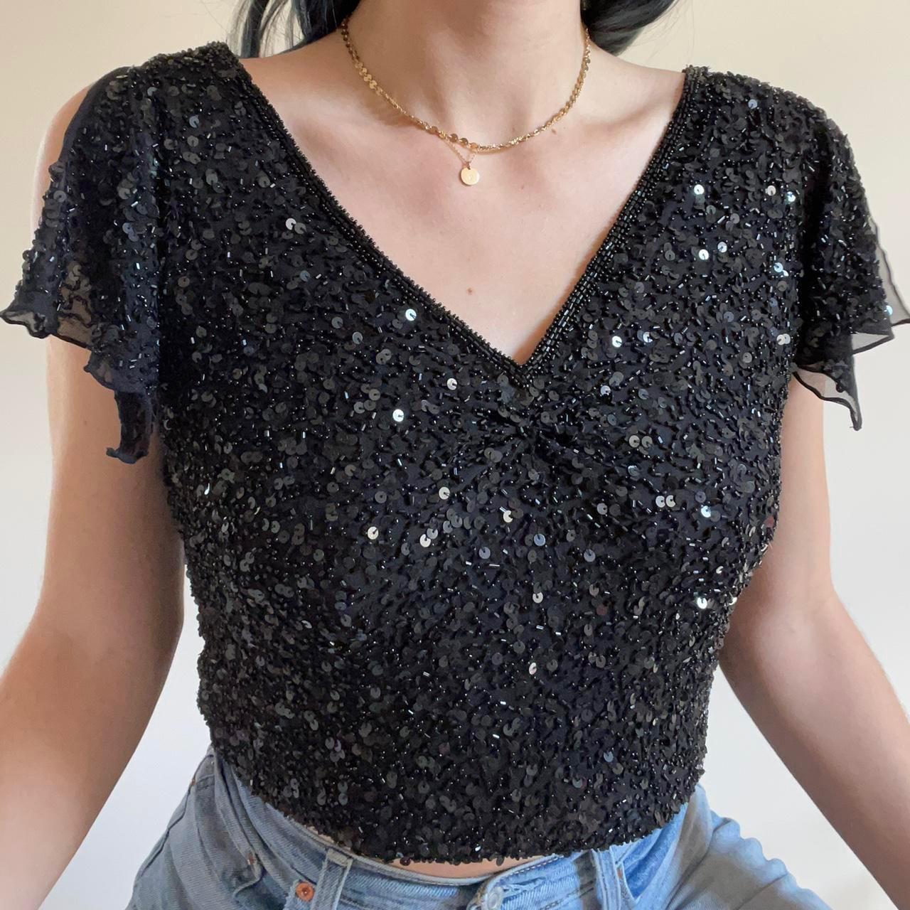 Vintage black sparkly embellished flutter sleeve