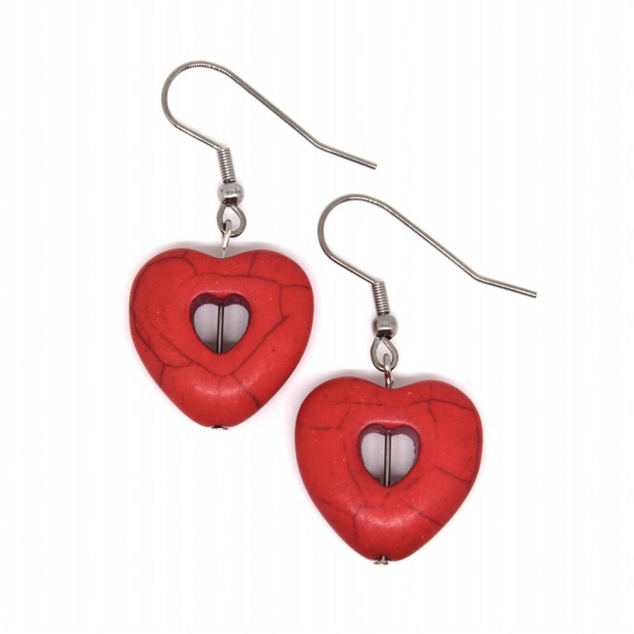 🥀 Red natural heart stone earrings... - Depop