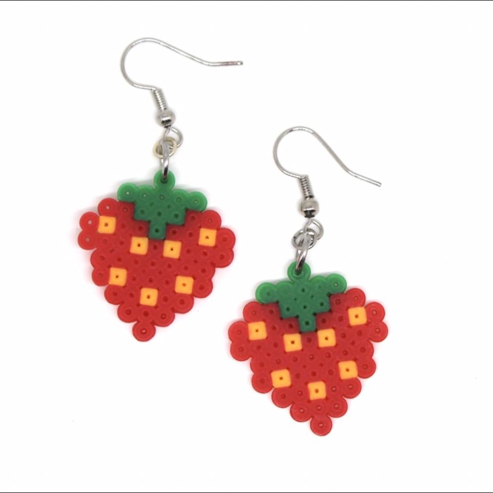straberry perler beads dangle earrings cute red and green