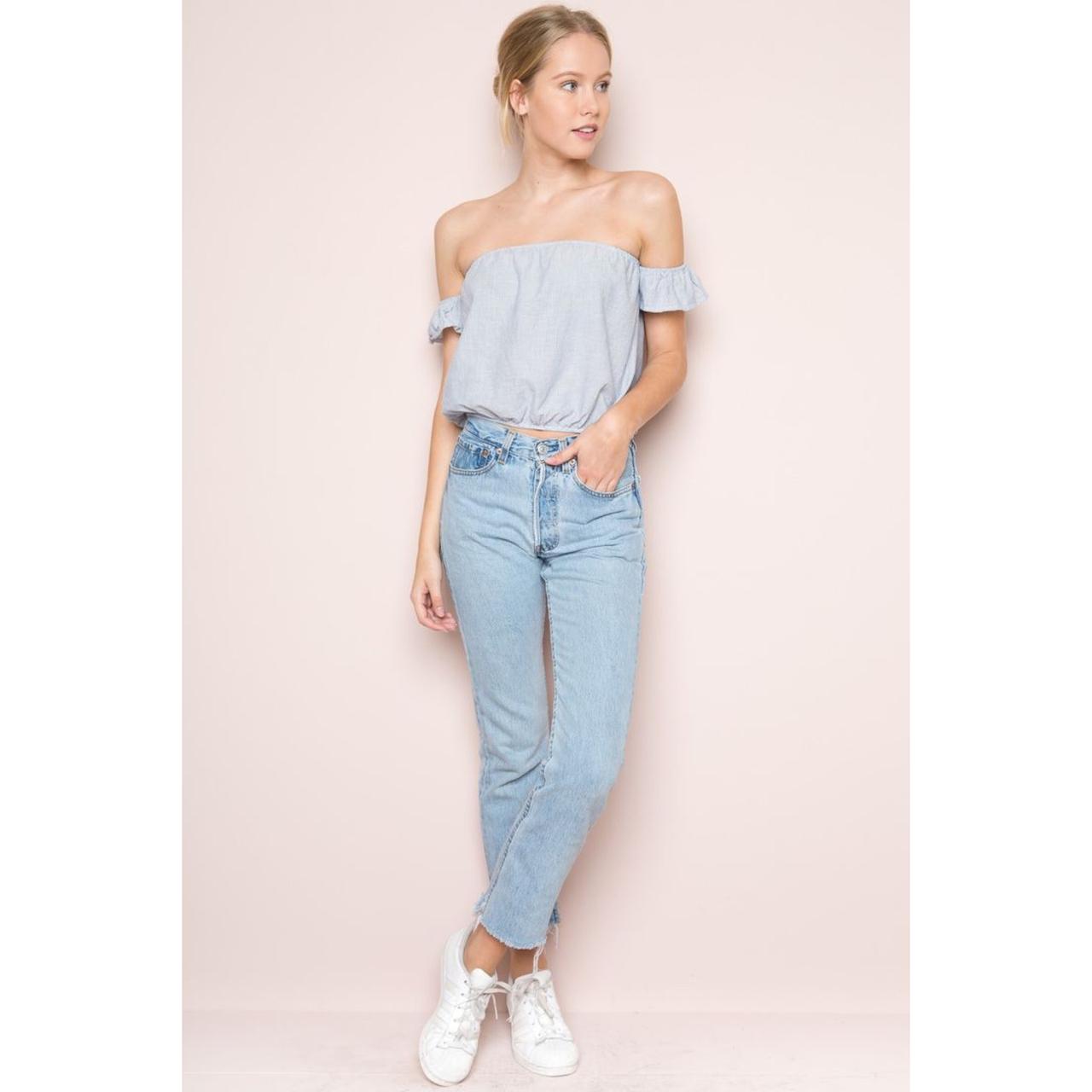 Brandy Melville Blue Striped Beccah Off the Shoulder - Depop