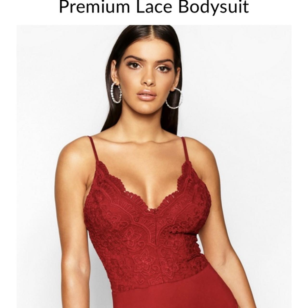 Boohoo premium lace bodysuit in burgundy. Size Xs, - Depop