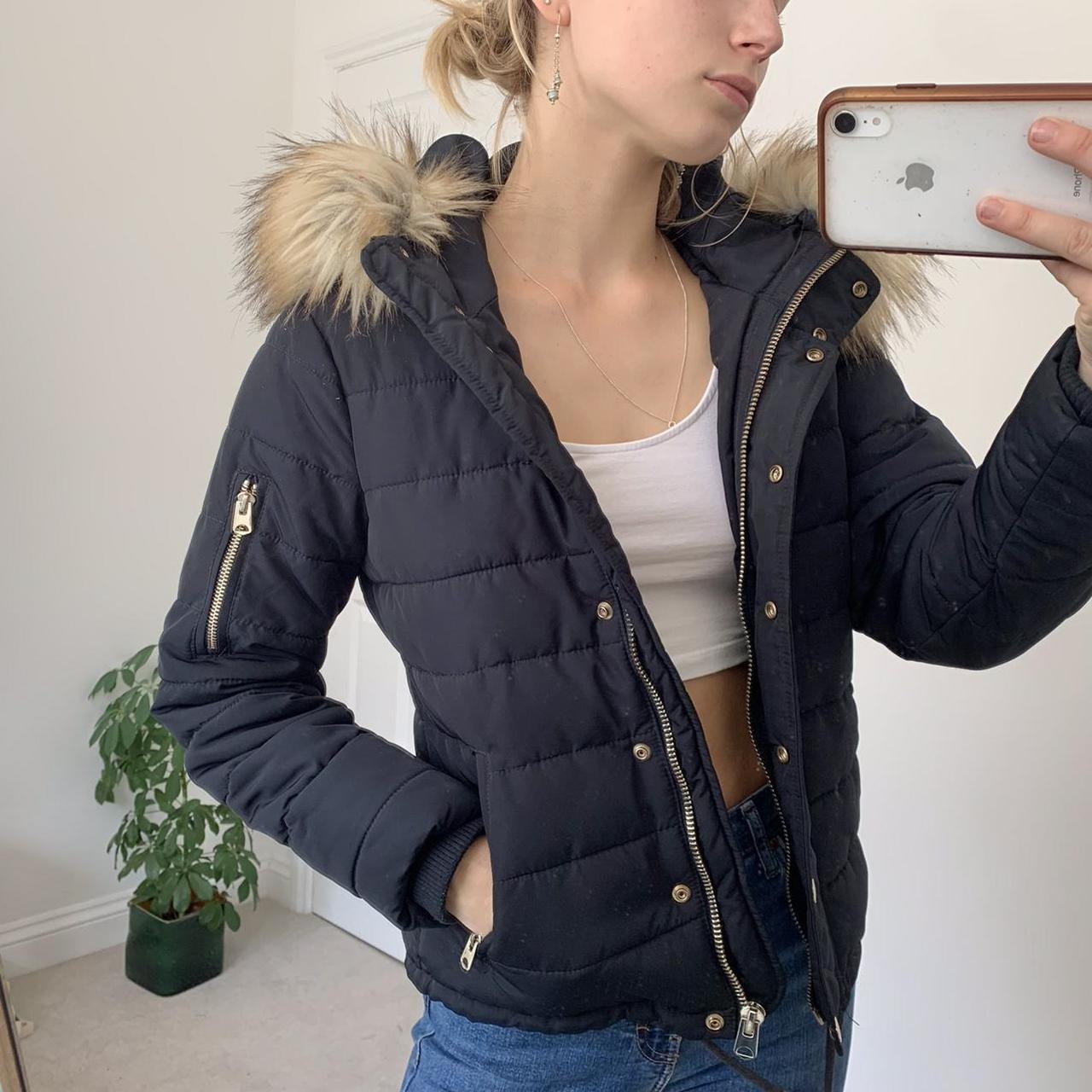 Navy puffer jacket with removable fur hood detail... - Depop