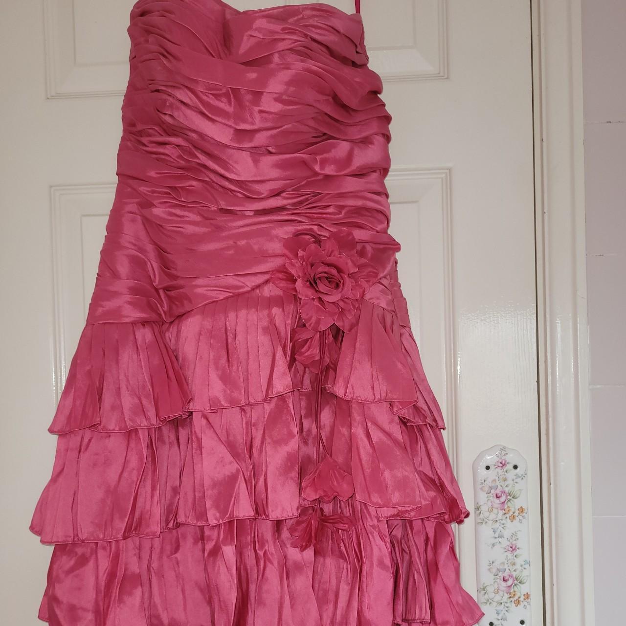 Pink ruffled prom dress with detachable flower pin... - Depop