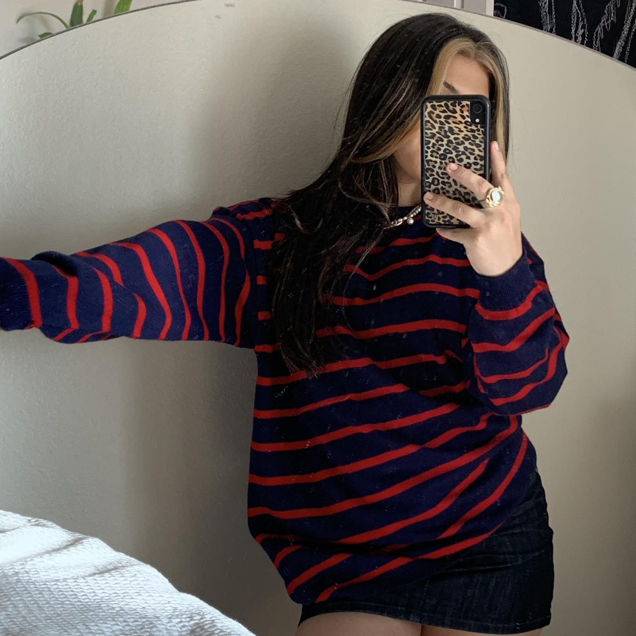 Red & navy oversized striped sweater from an antique... - Depop