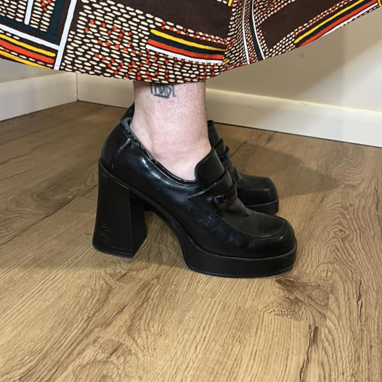 black chunky platform loafers signs of wear on the... - Depop