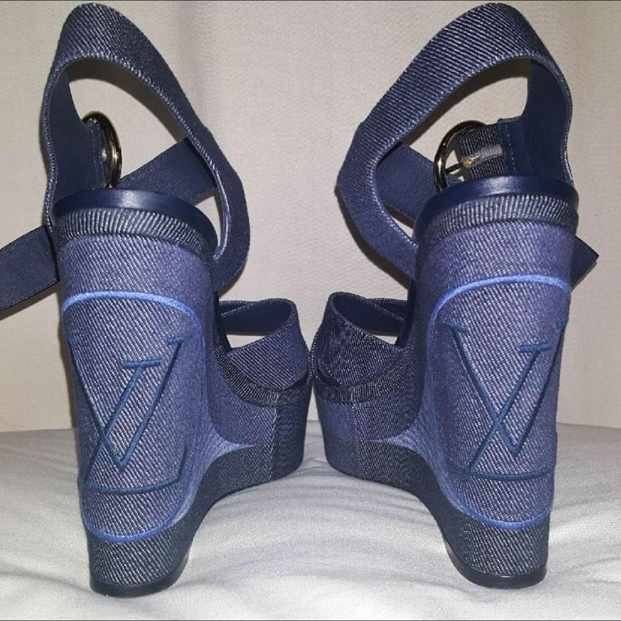Rare Louis Vuitton Blue Denim & Leather W/ Wood Wedge Sandals Shoes  9013-38