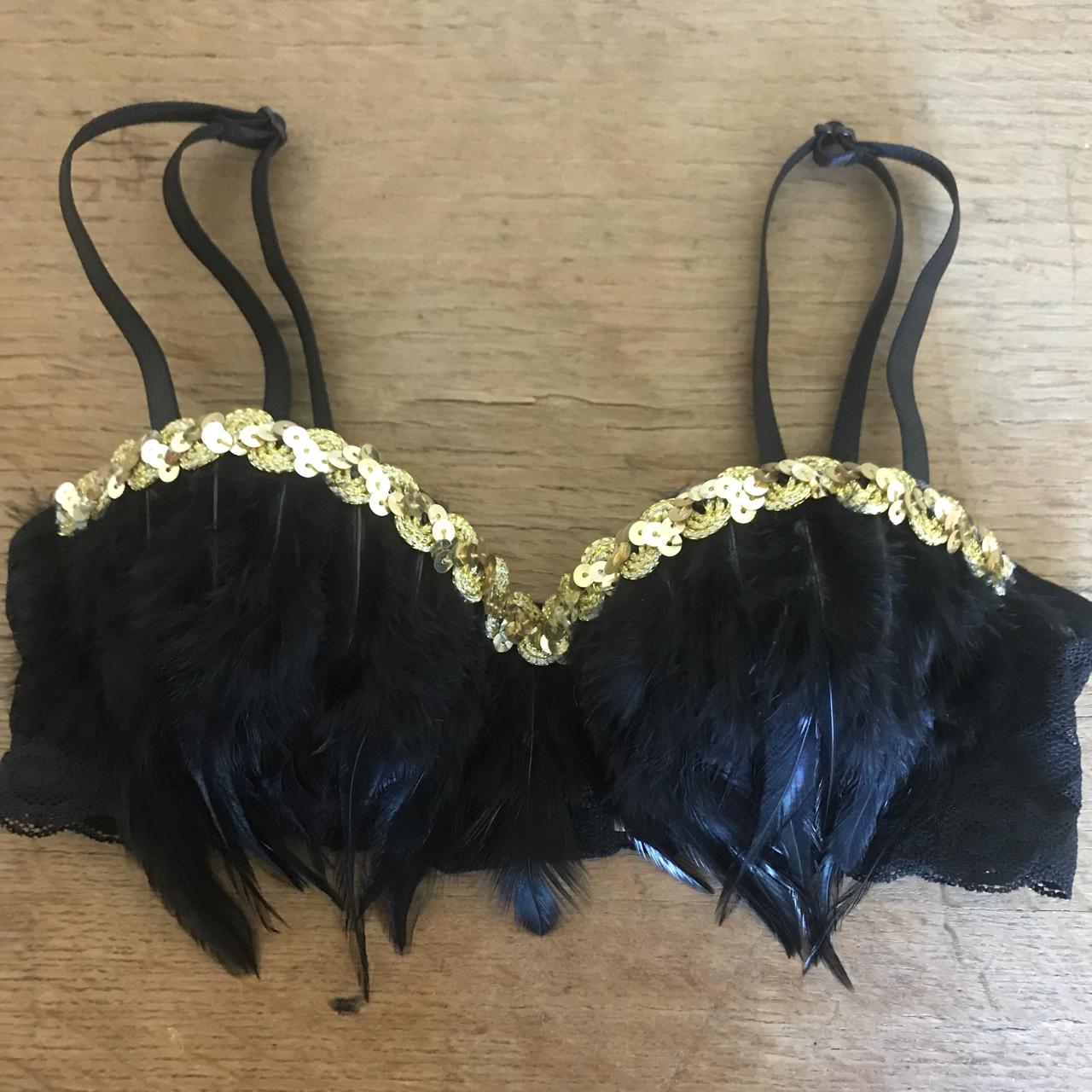 Black feather bra with gold sequin trim. Size 32A. - Depop