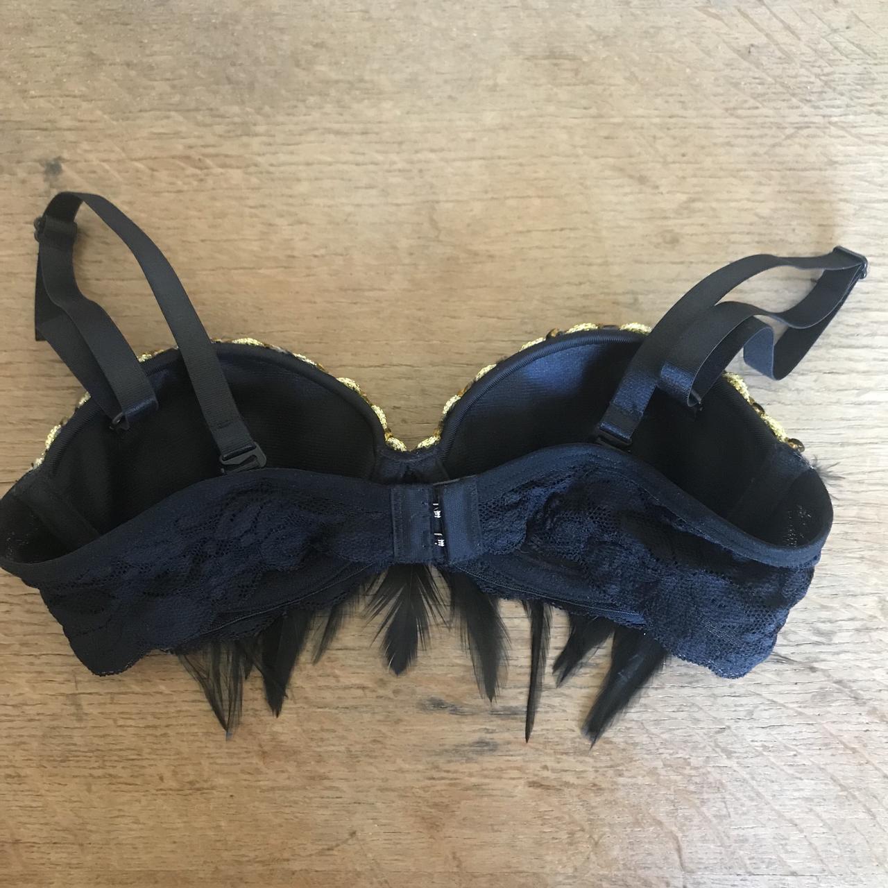 Black feather bra with gold sequin trim. Size 32A. - Depop
