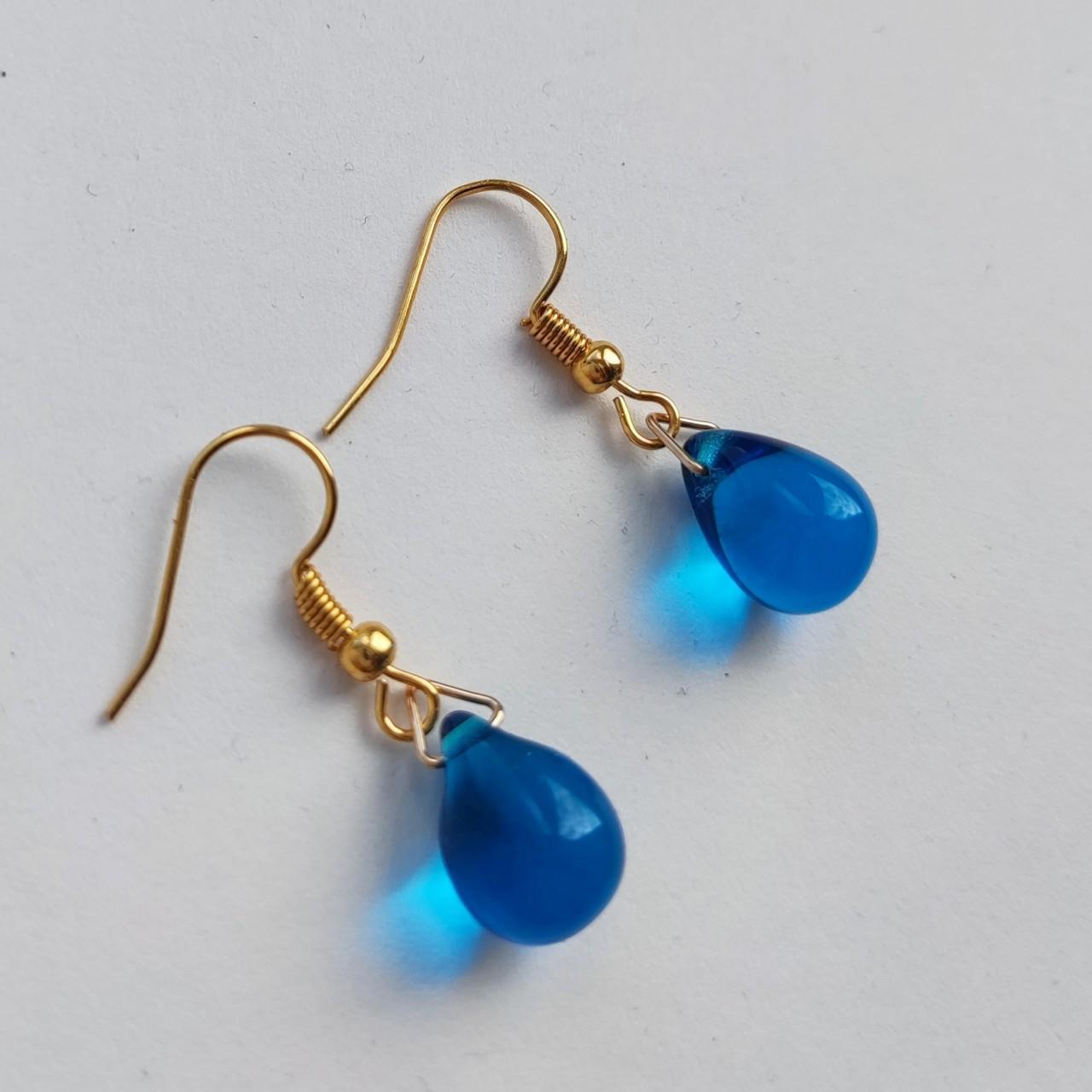 Lake blue Czech glass teardrop earrings. 10×14mm... - Depop