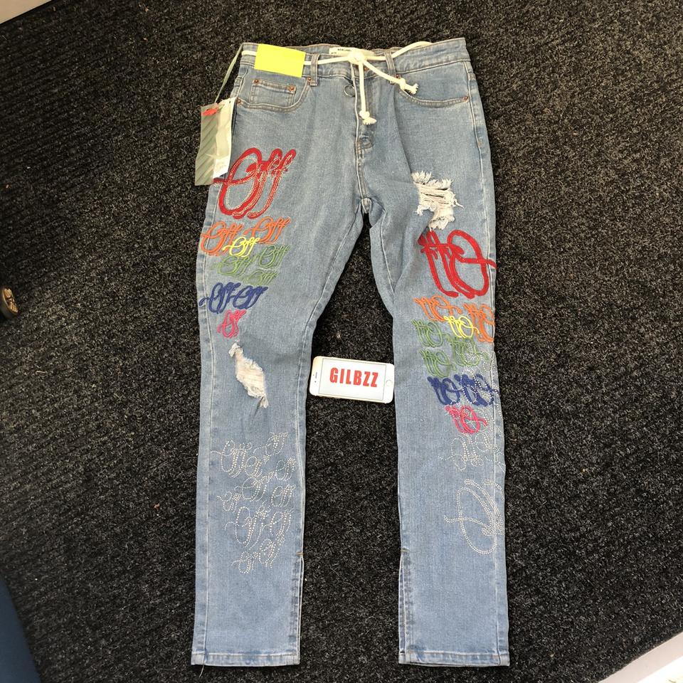 OFF-WHITE EV BRAVADO Crystal Distressed Denim Jeans - Depop