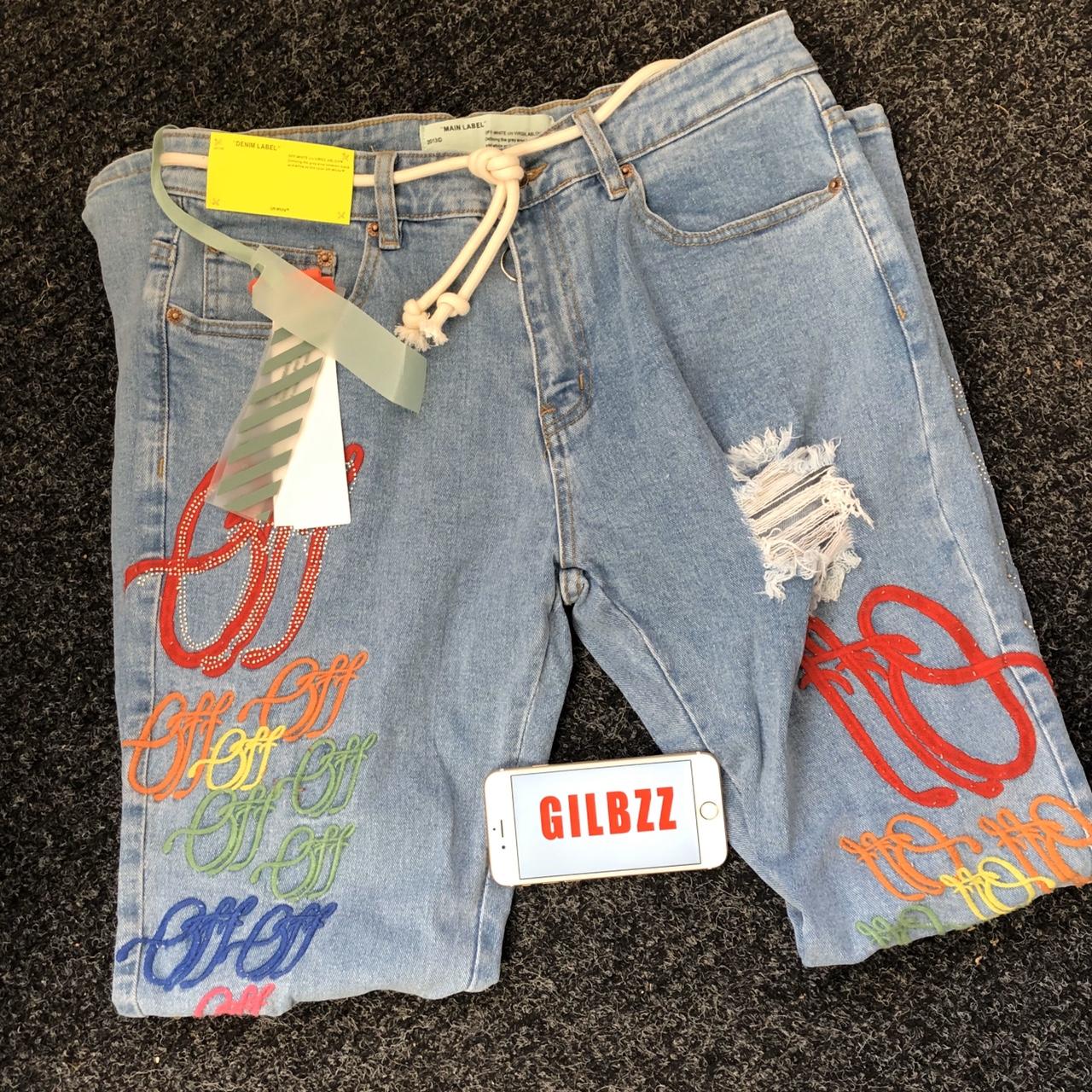 OFF-WHITE EV BRAVADO Crystal Distressed Denim Jeans...