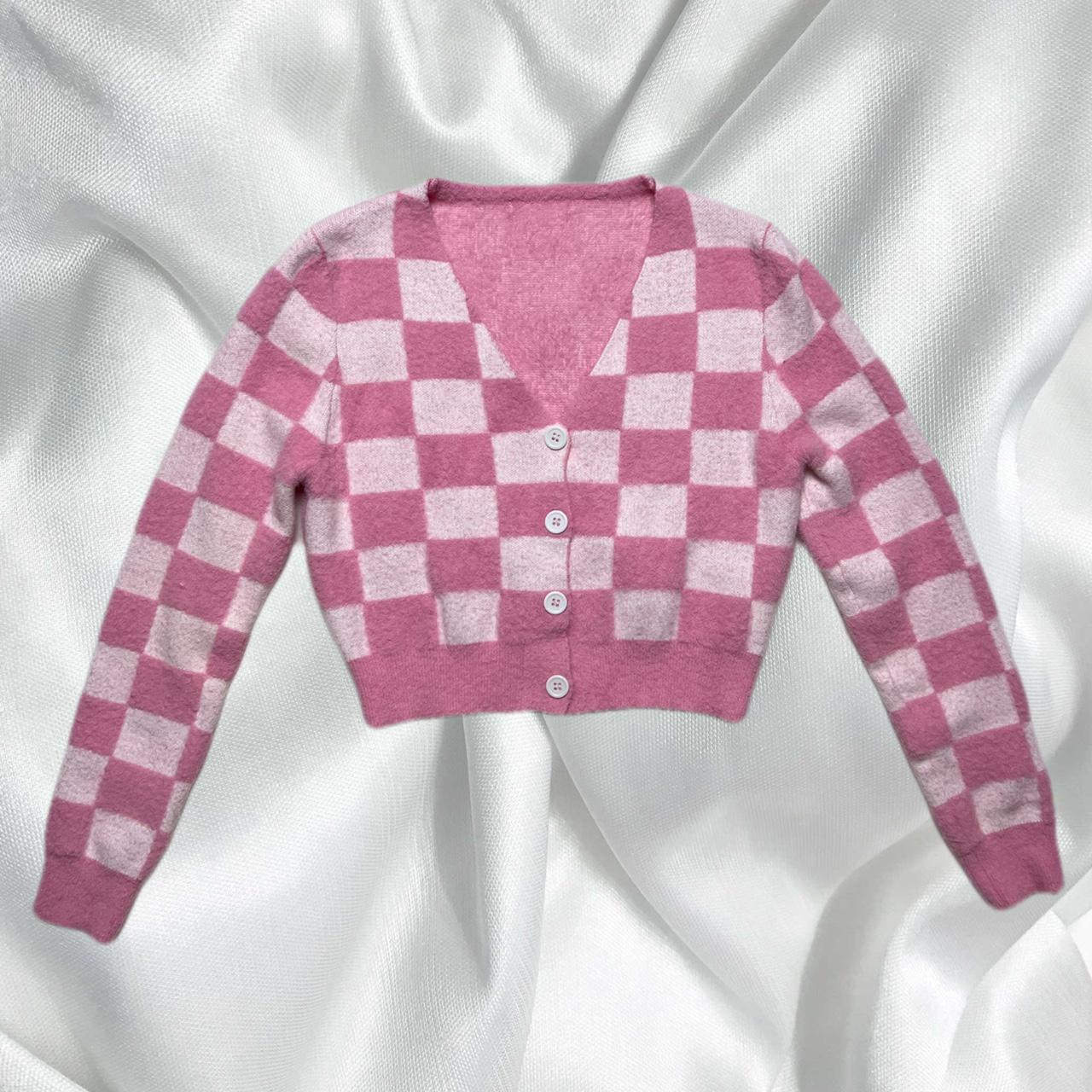 Bright baby pink and white check cropped Depop