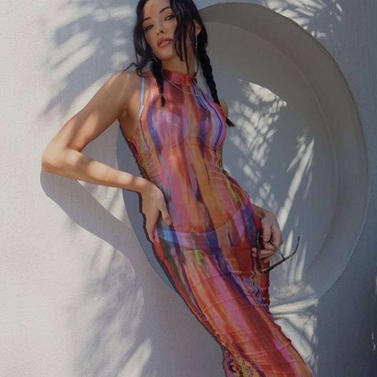 ●High School Disco● Angel graphic mesh long one piece TOP51 full length mesh top with rhinestone two tone sleeves