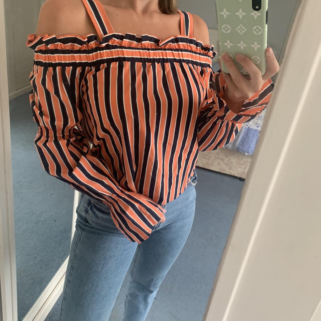 Topshop Cold Shoulder Orange Striped Blouse Top Puff...