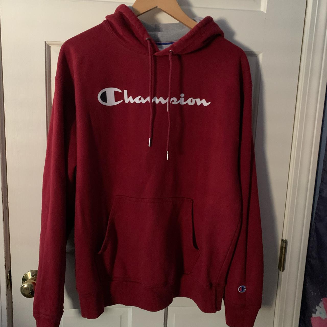 Champion Red Maroon logo spellout hoodie sweatshirt.... - Depop