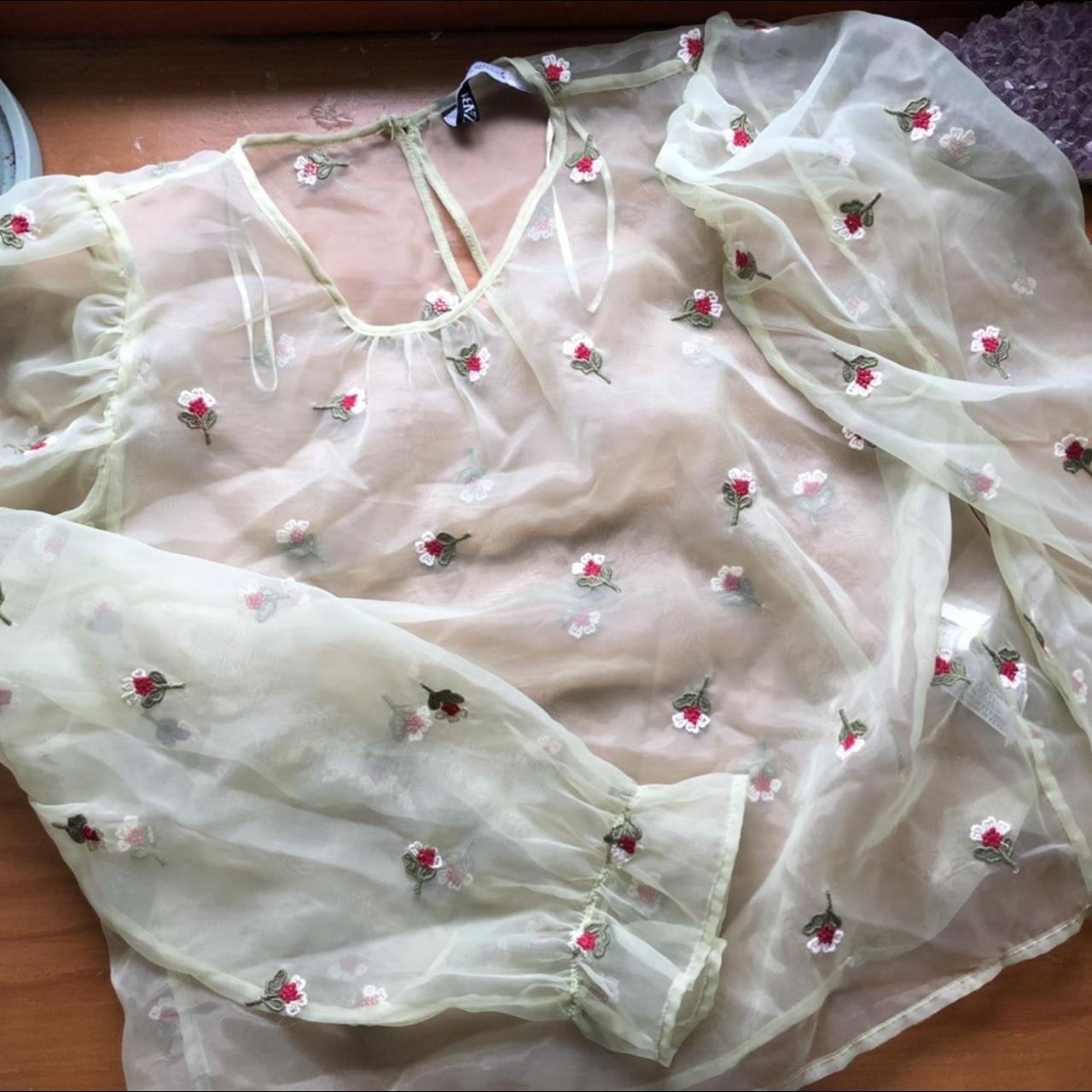 Zara Mint Green Sheer Blouse with Red and White... Depop