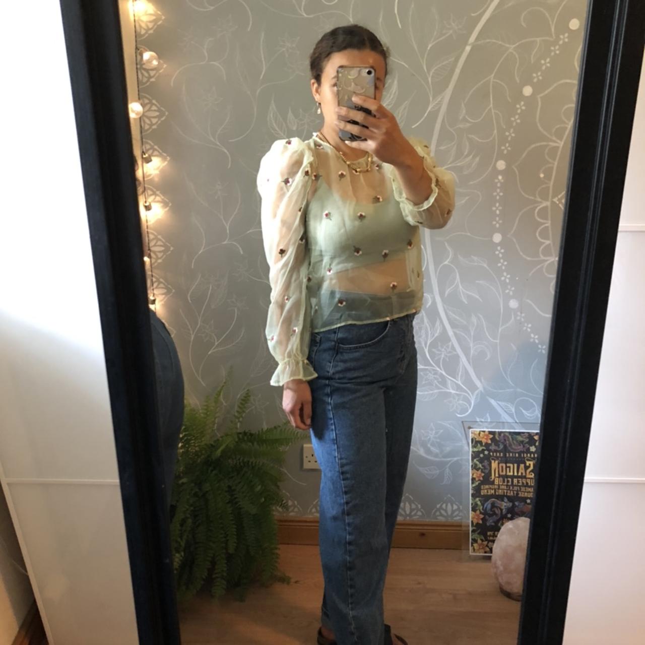 Zara Mint Green Sheer Blouse with Red and White... Depop