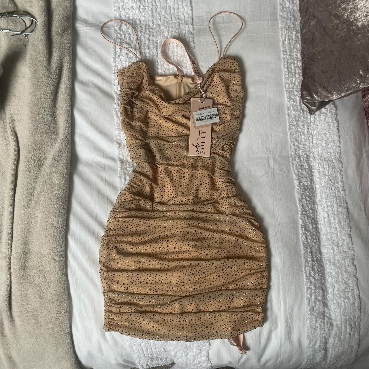 Oh Polly ruched mesh embellished mini dress in gold,... Depop