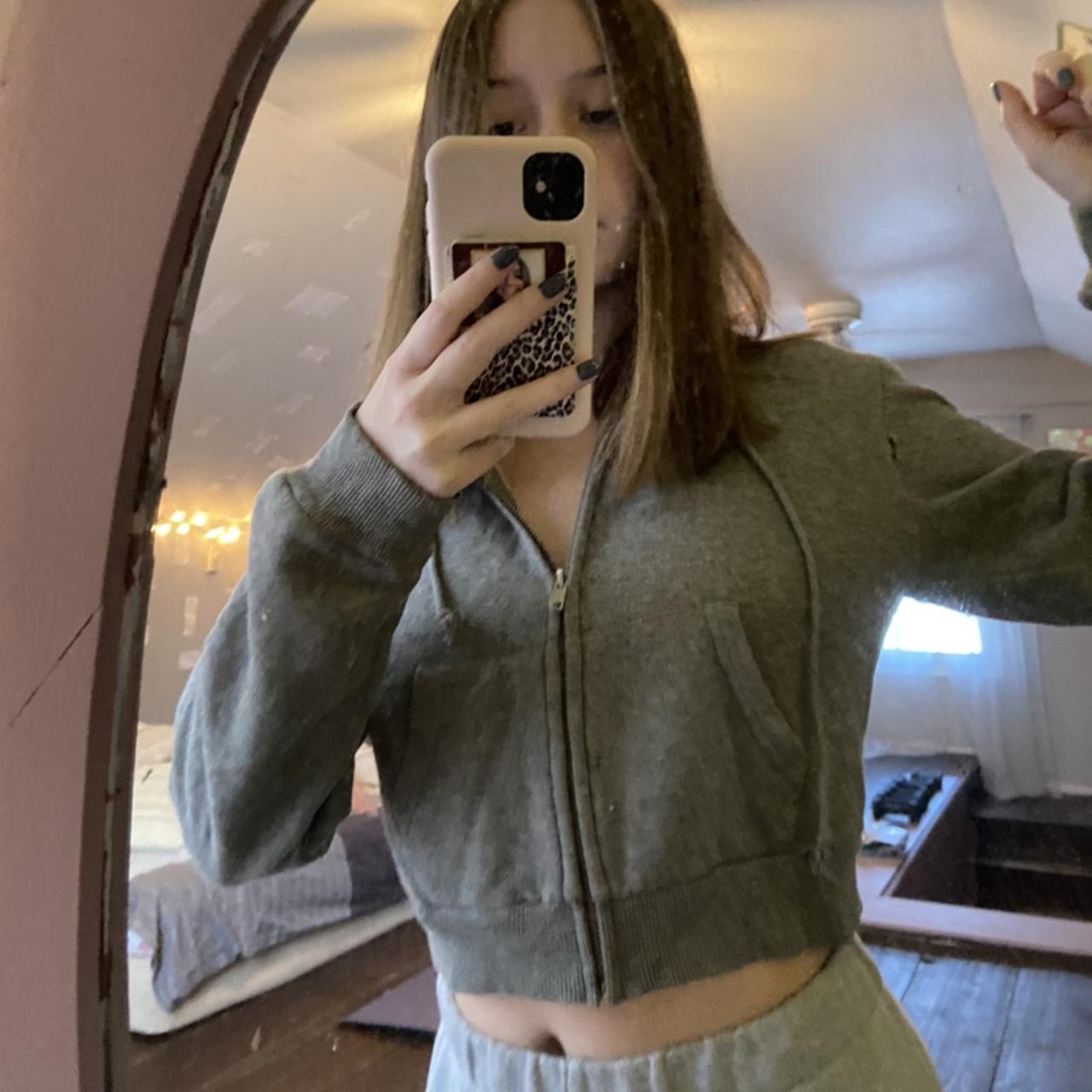 Grey brandy Melville cropped zip up hoodie, slight... Depop