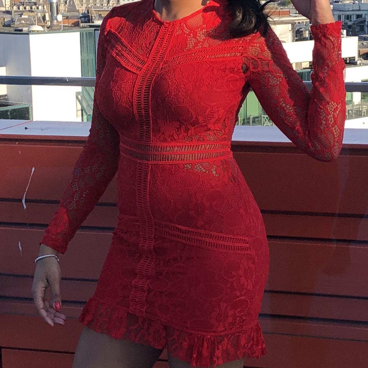 Red lace ladder detail hot sale frill hem bodycon dress