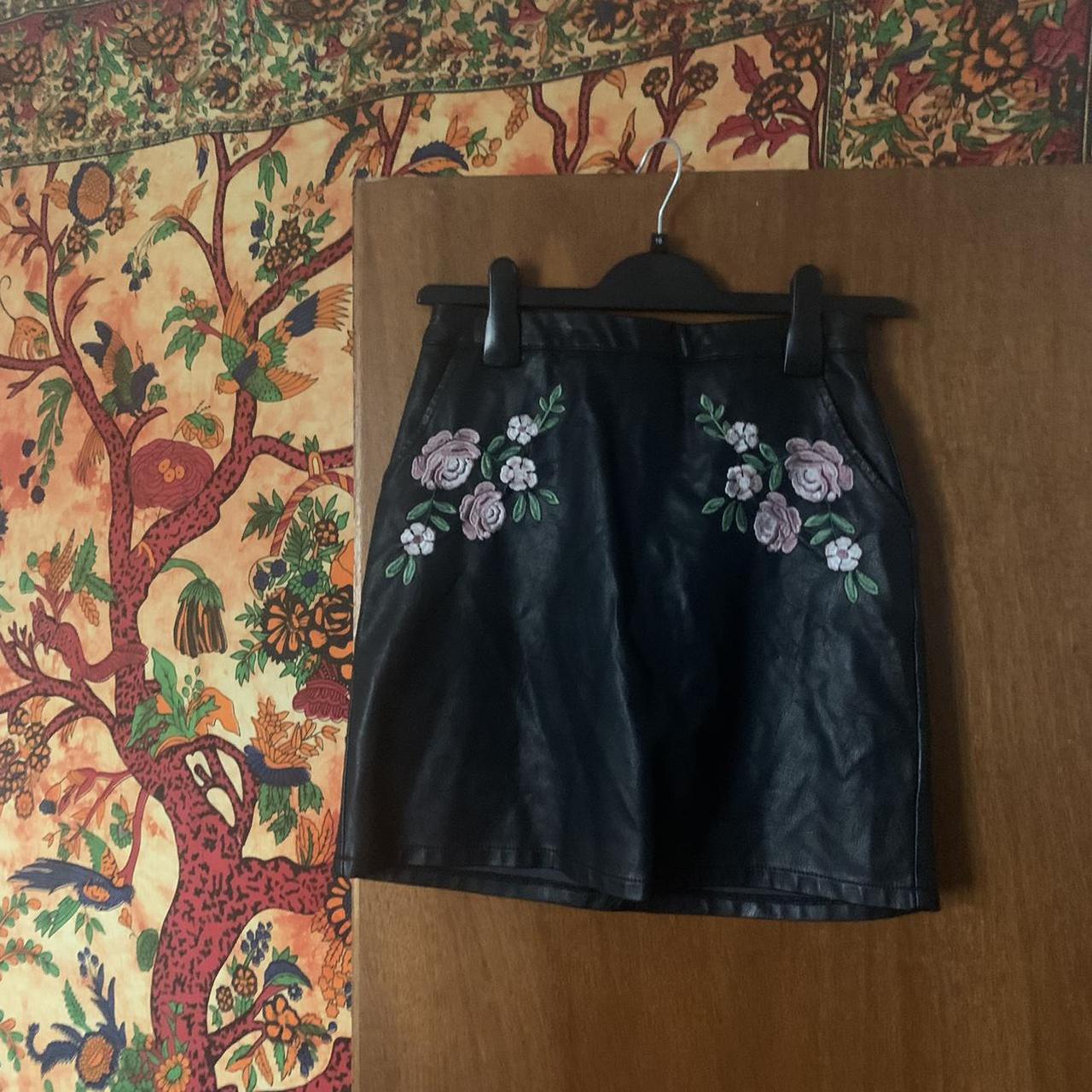 Black Leather Skirt With Embroidered Flowers Depop