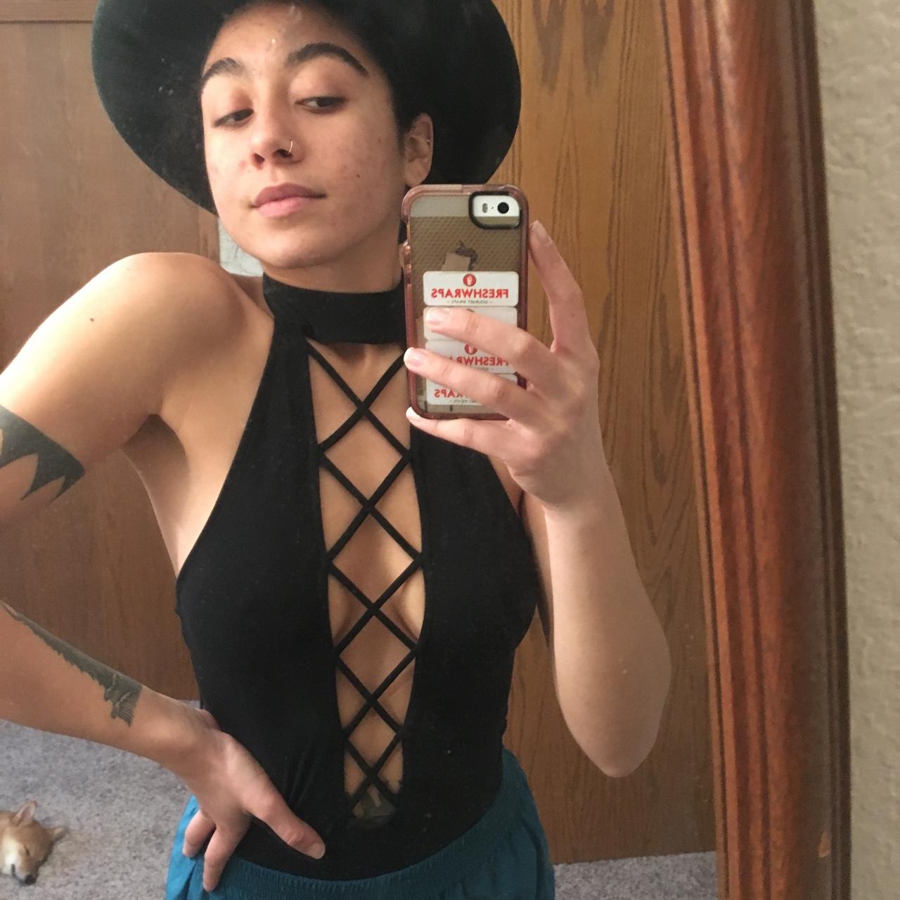 Black bodysuit criss-cross V neckline. XS Brand: - Depop