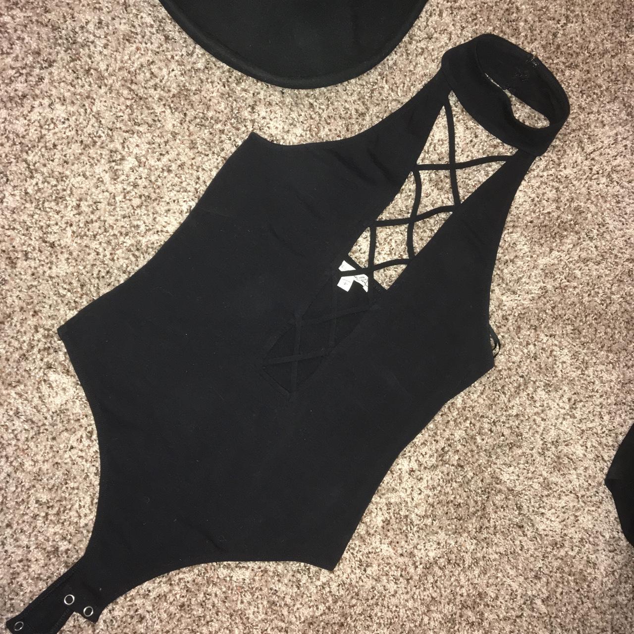 Express Black bodysuit with criss cross deep v - Depop