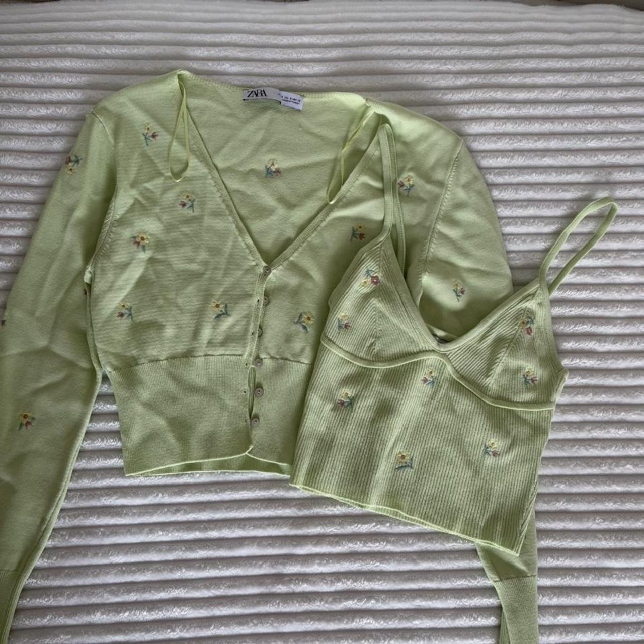 Green, floral, Zara cardigan and top. Never worn,... Depop