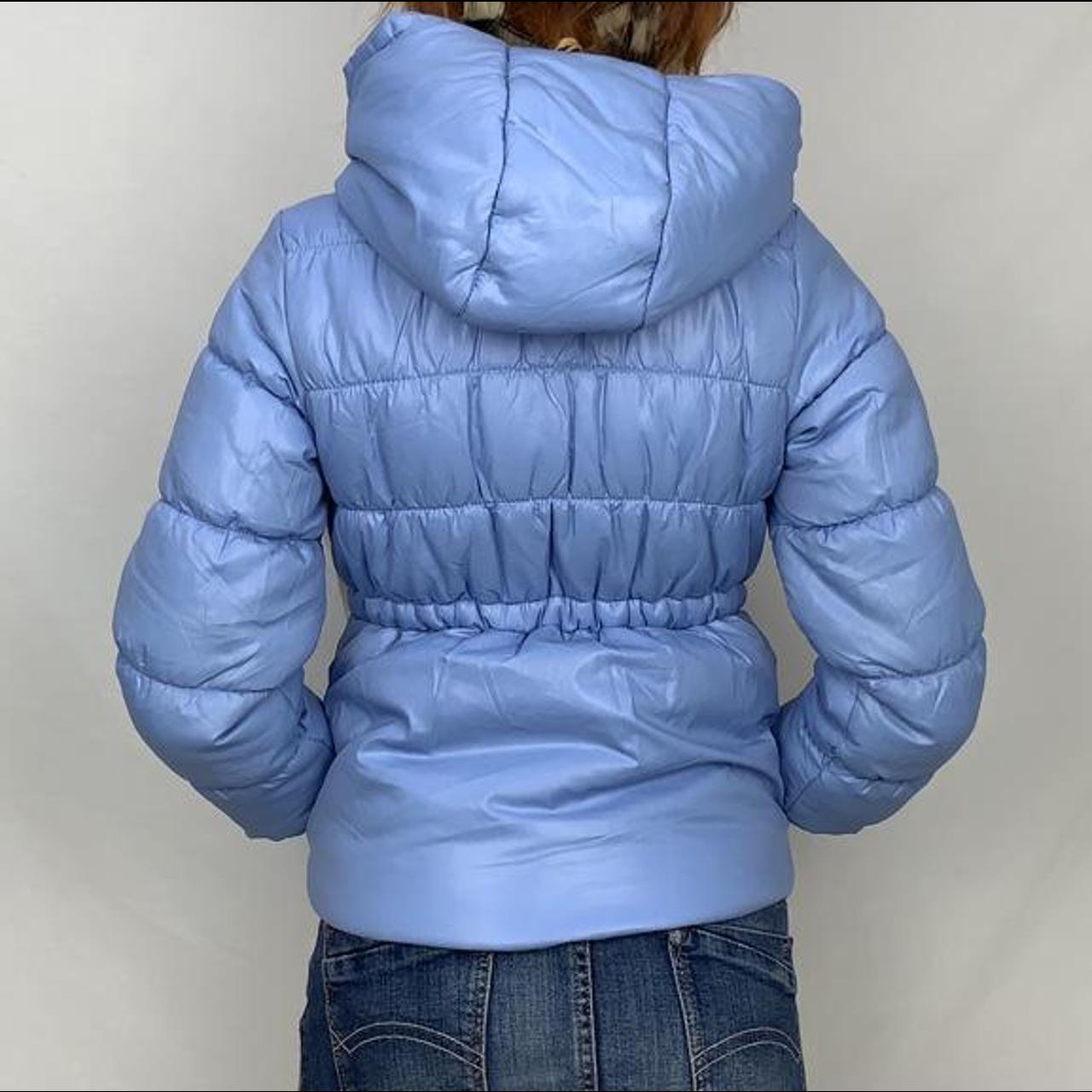 Light blue zip up puffer jacket with hood. Cinches... - Depop