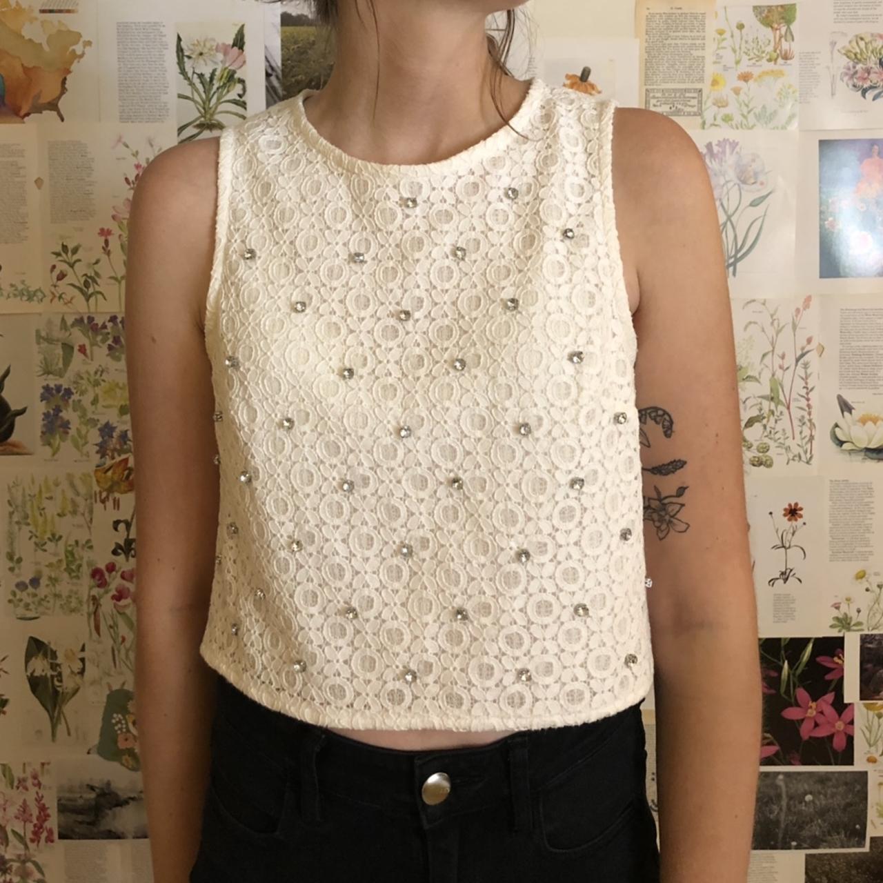 •White rhinestone crop top •Lace front, key hole... - Depop