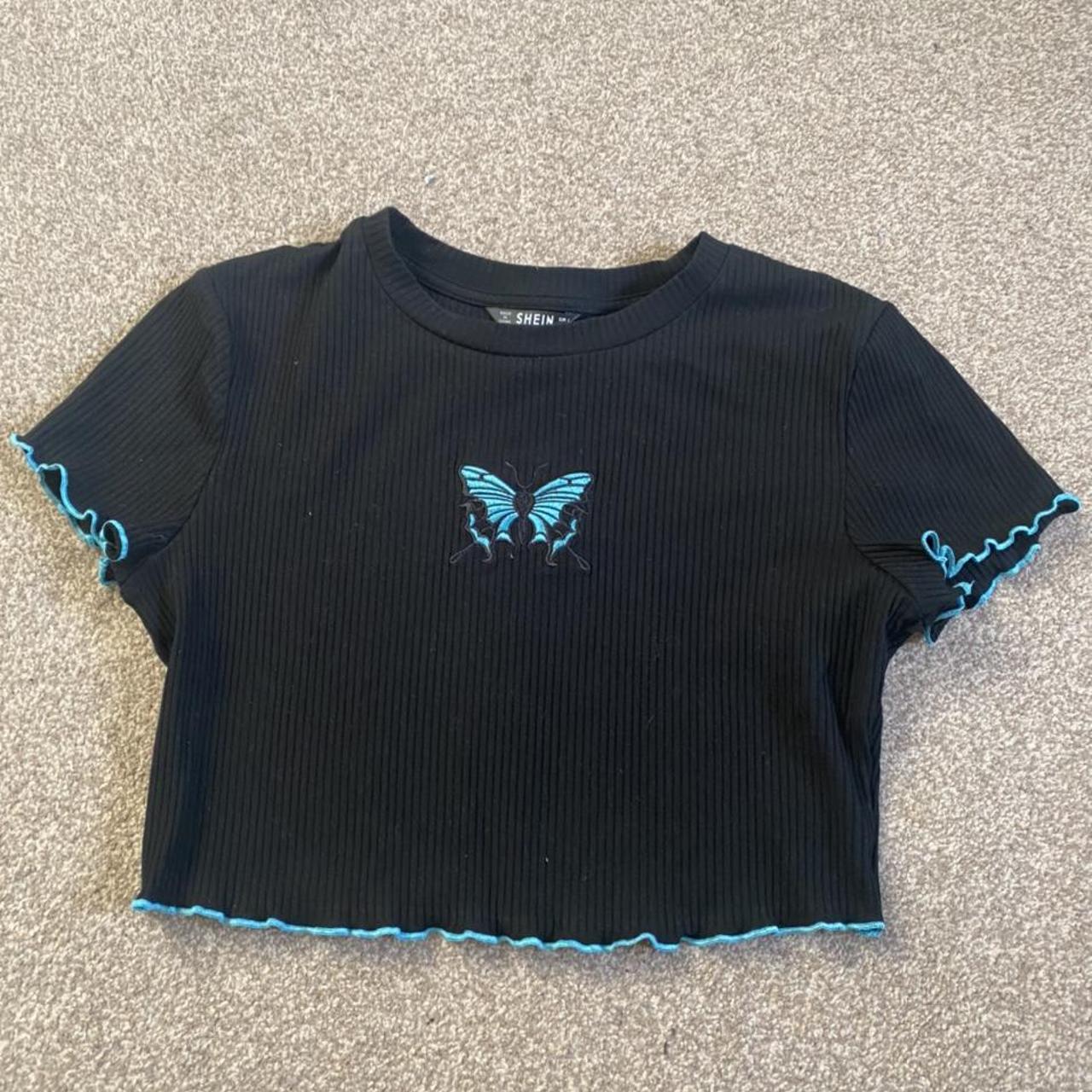 Black cropped top with blue butterfly and detailing... - Depop