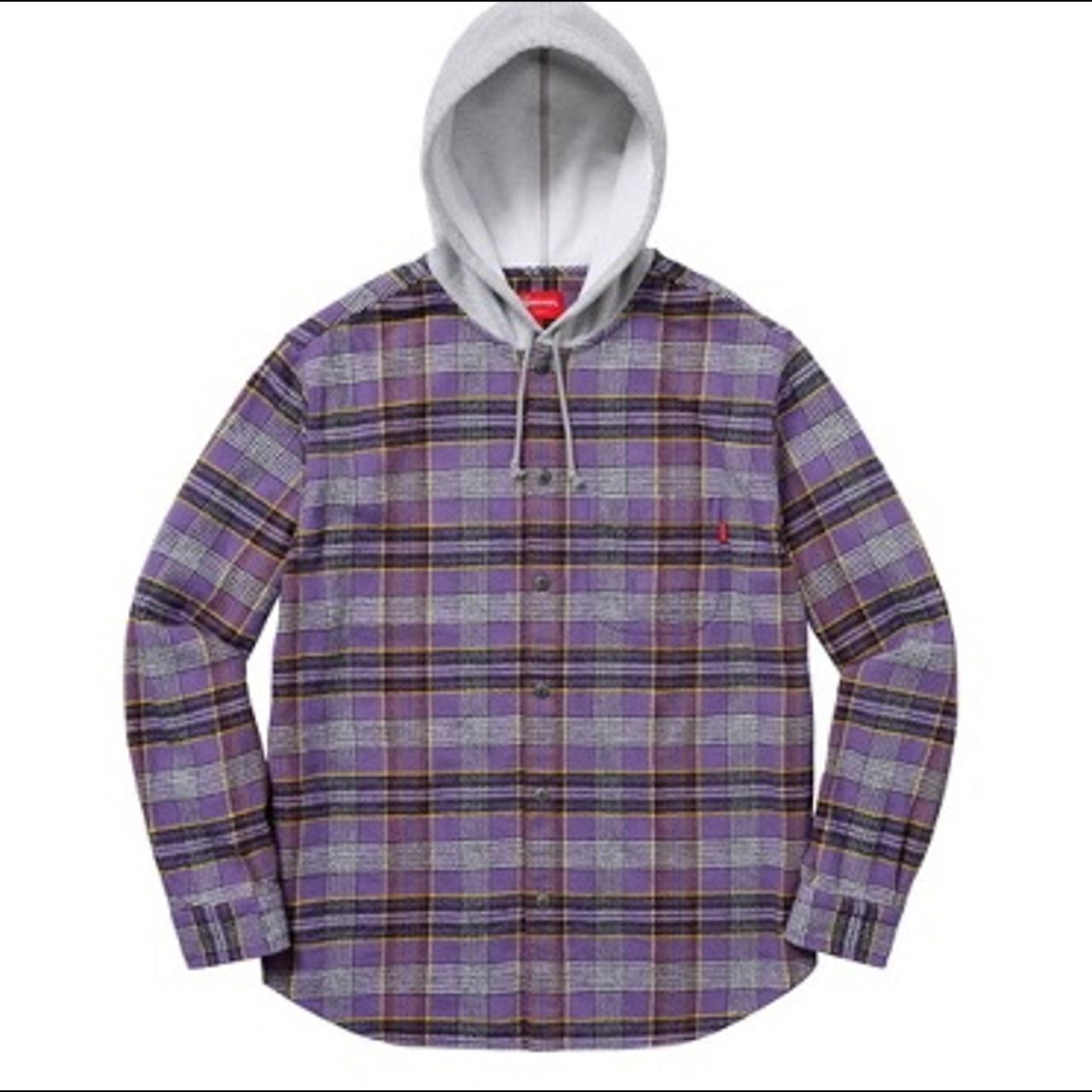 Supreme hooded plaid flannel shirt purple Size : M... - Depop