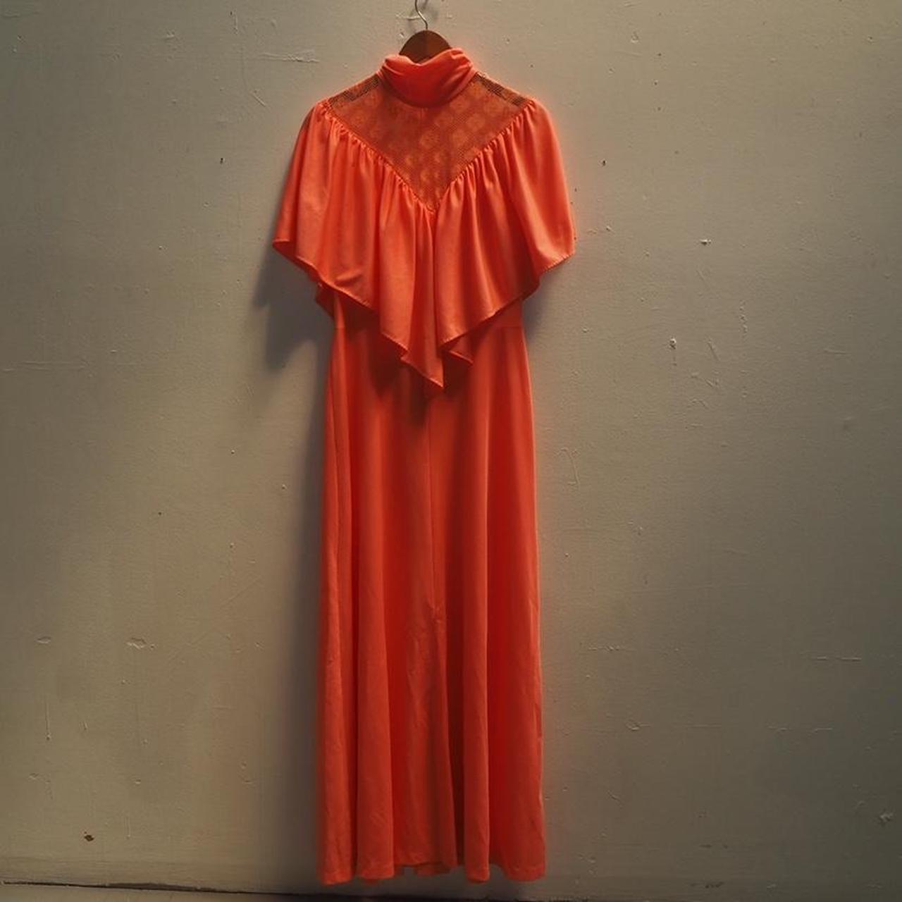 Vintage 1970s neon coral peach maxi dress with... - Depop