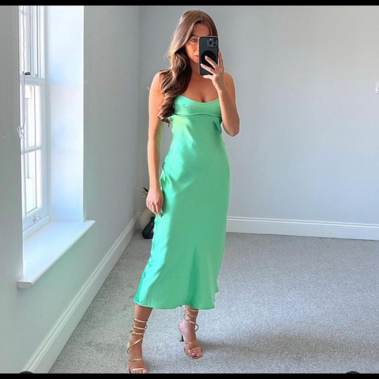 Green satin effect cut out midi dress - Depop