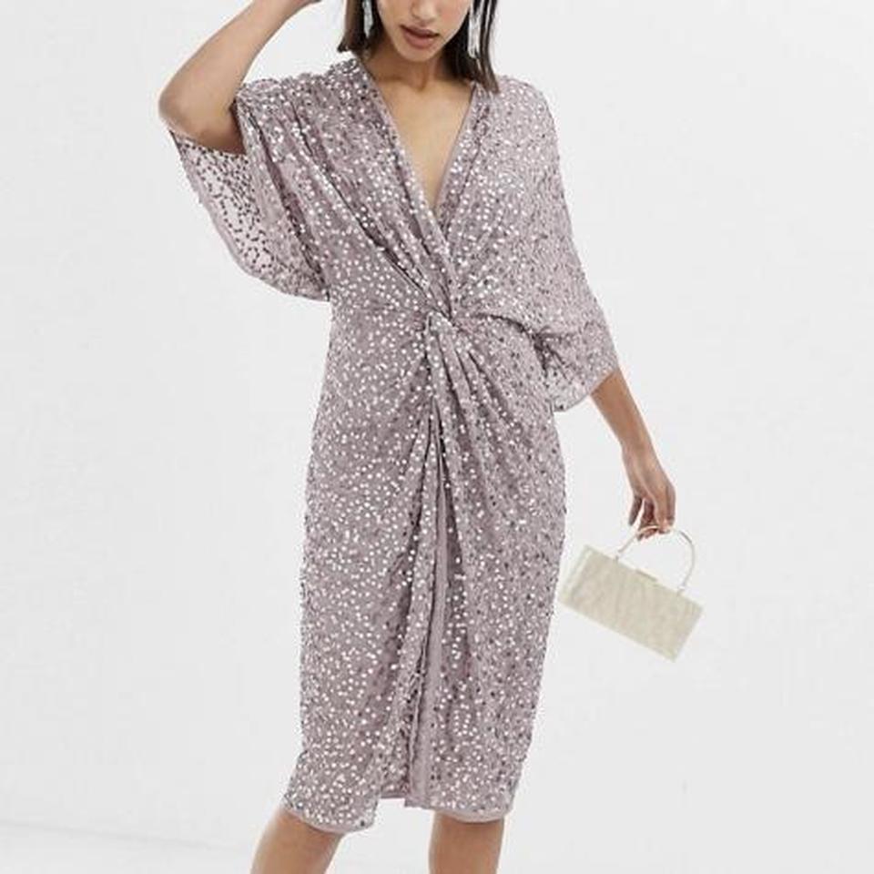 asos design scatter sequin knot front kimono midi dress