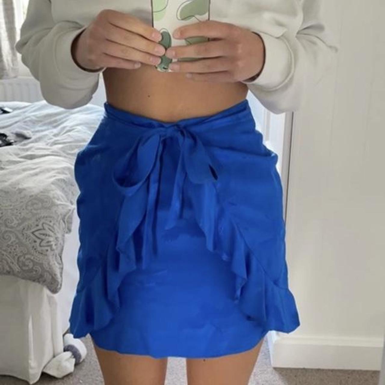 River island Blue satin mini skirt with frills Depop