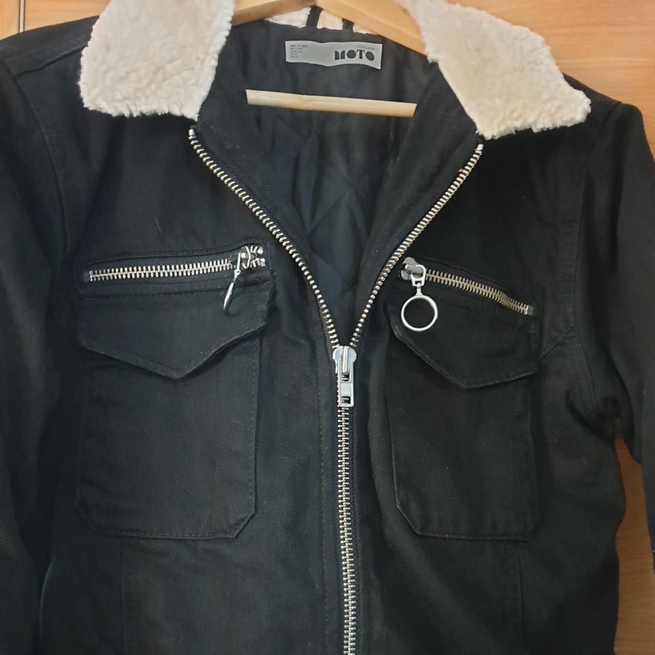 Black denim jacket with sheepskin style cuff and collar Depop