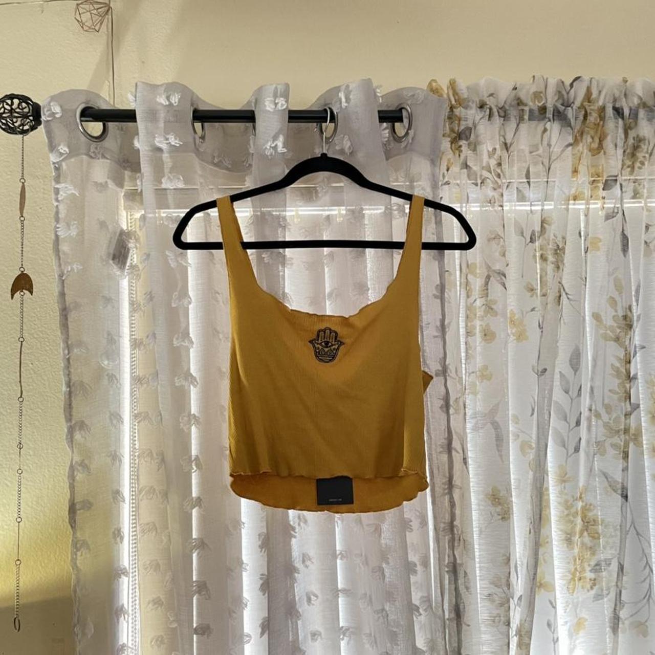 Mustard yellow crop top with an embroidered hamsa.... Depop