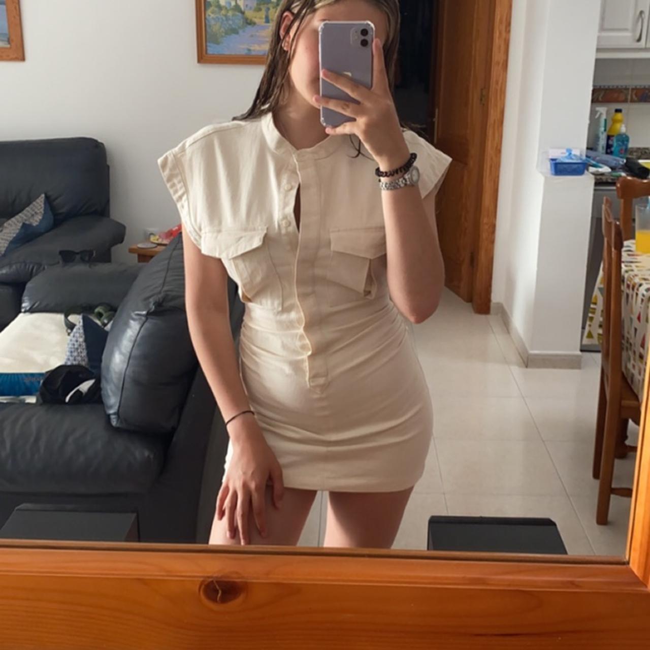 Zara darted denim dress ruched sides with pockets at... Depop