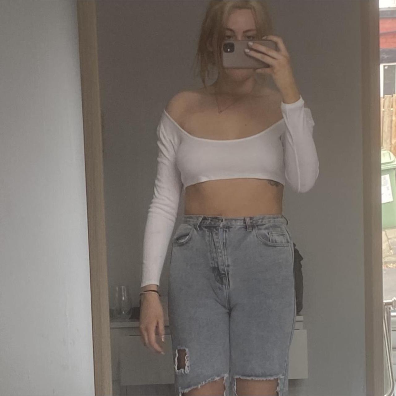Basic white crop top Swoop neck #croptop #trousers... - Depop