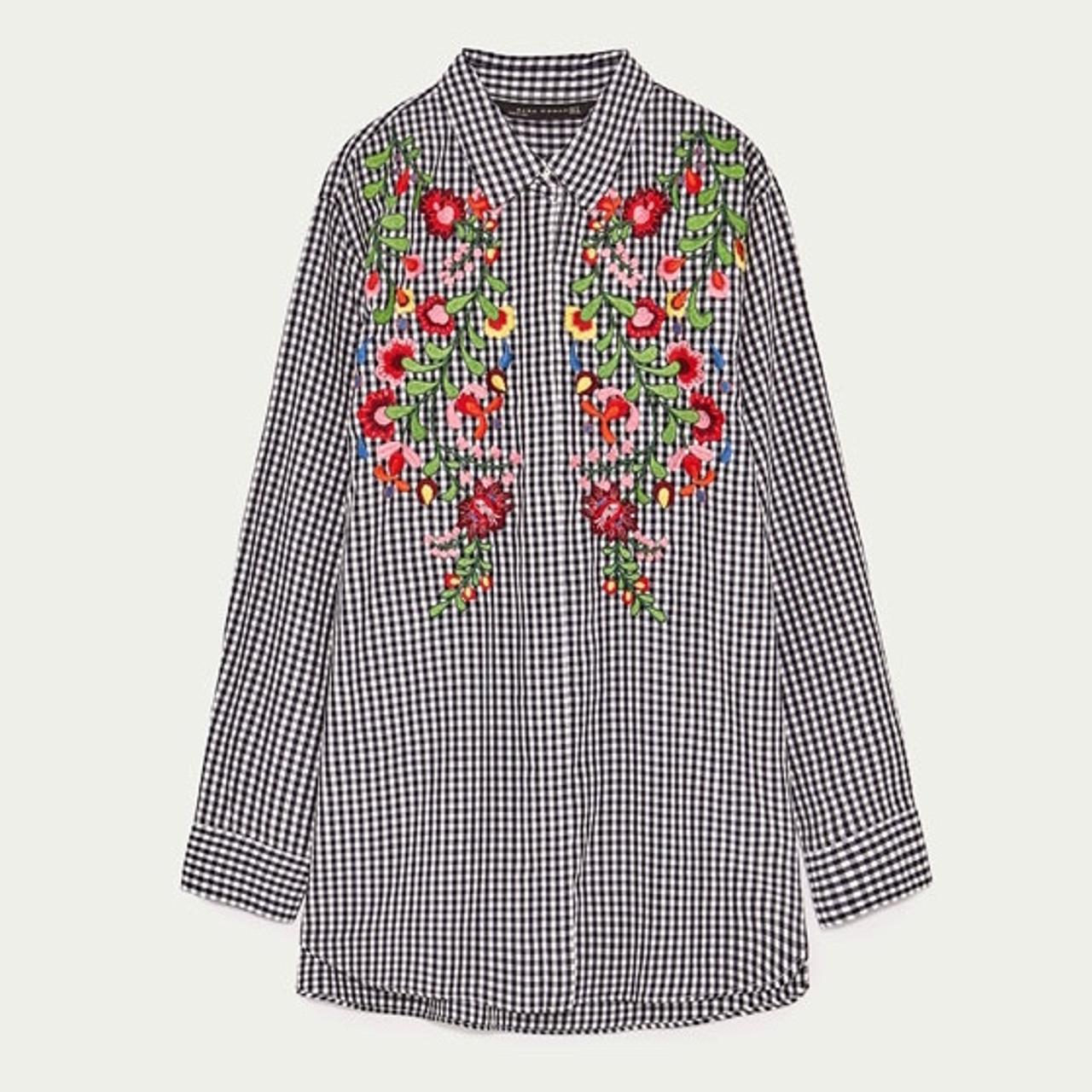 Zara Floral Embroidered Gingham Shirt. Size XS.